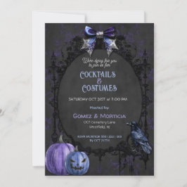 Invitación Halloween Black Purple Raven Skeletons Spooky