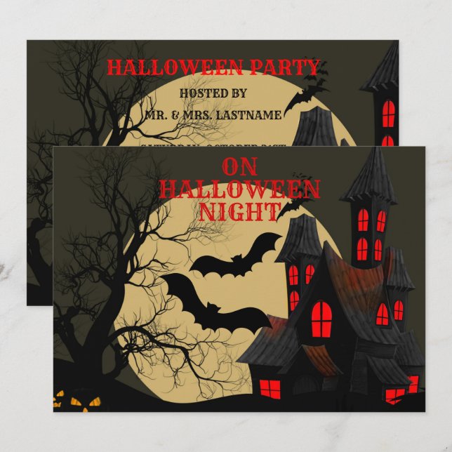 Invitación Halloween Black Red Hauned House Bat Full Moon (Anverso / Reverso)