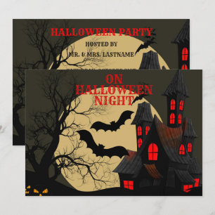 Invitación Halloween Black Red Hauned House Bat Full Moon