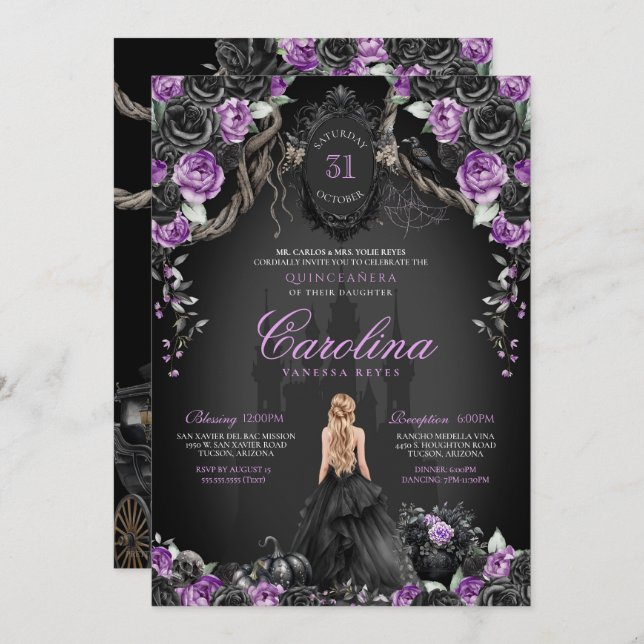 Invitación Halloween Black Rosas Purple Princess Quinceanera (Anverso / Reverso)