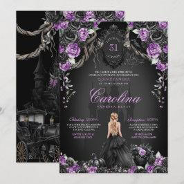 Invitación Halloween Black Rosas Purple Princess Quinceanera