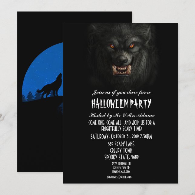 Invitación Halloween Black Spooky Werewolf Fiesta gótico (Anverso / Reverso)