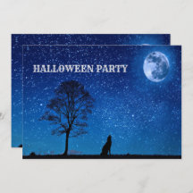 Halloween Black Wolf Tree Navy Blue Full Moon