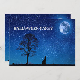 Invitación Halloween Black Wolf Tree Navy Blue Full Moon
