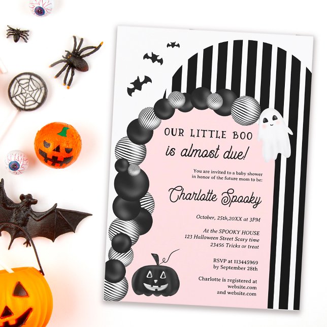 Invitación Halloween blanco negro pequeña ducha de bebé (Black white Halloween little boo baby shower Invitation pastel pink)