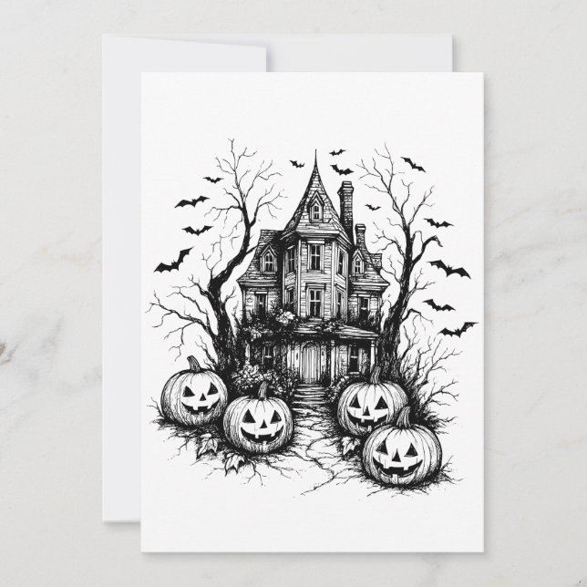 Invitación Halloween blanco y negro de la casa embrujada (Anverso)