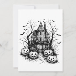 Invitación Halloween blanco y negro de la casa embrujada