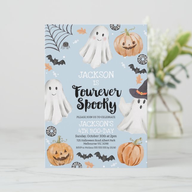 Invitación Halloween Blue Fourever Spooky 4º cumpleaños (Anverso de pie)