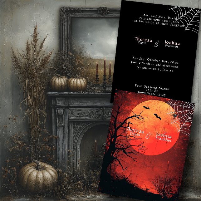 Invitación Halloween Boda Black Spider Bats Full Moon (Subido por el creador)
