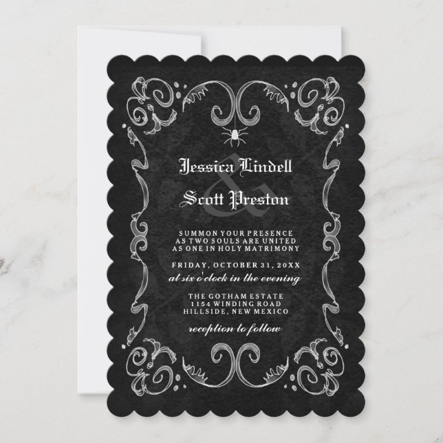 Invitación Halloween Boda Blanco Negro Gótico ATRAPADO ATRÁS (Anverso)