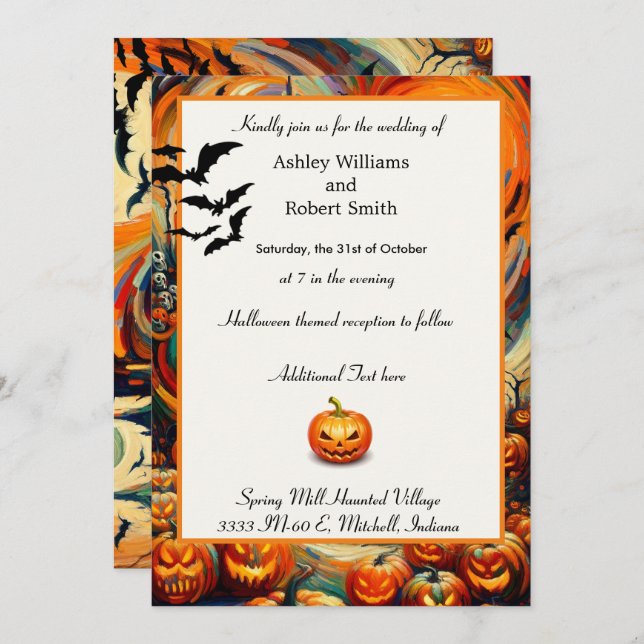 Invitación Halloween Boda Colorful Pumpkin Bats Flat (Anverso / Reverso)