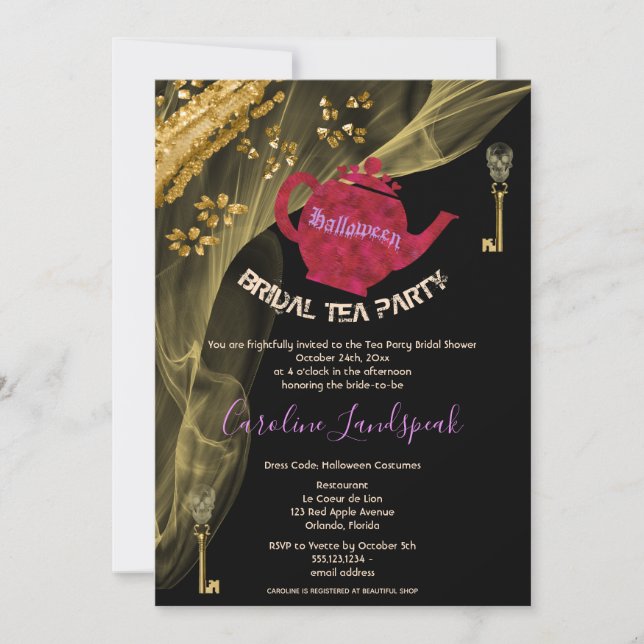 Invitación Halloween Bridal Tea Roja Pot & Gold Skulls Fiesta (Anverso)