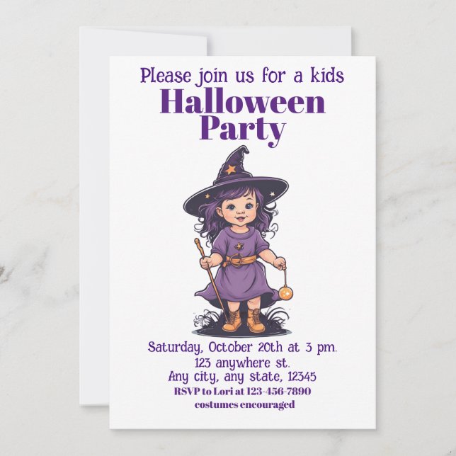 Invitación Halloween bruja 16 niños, hechicera encantadora (Anverso)