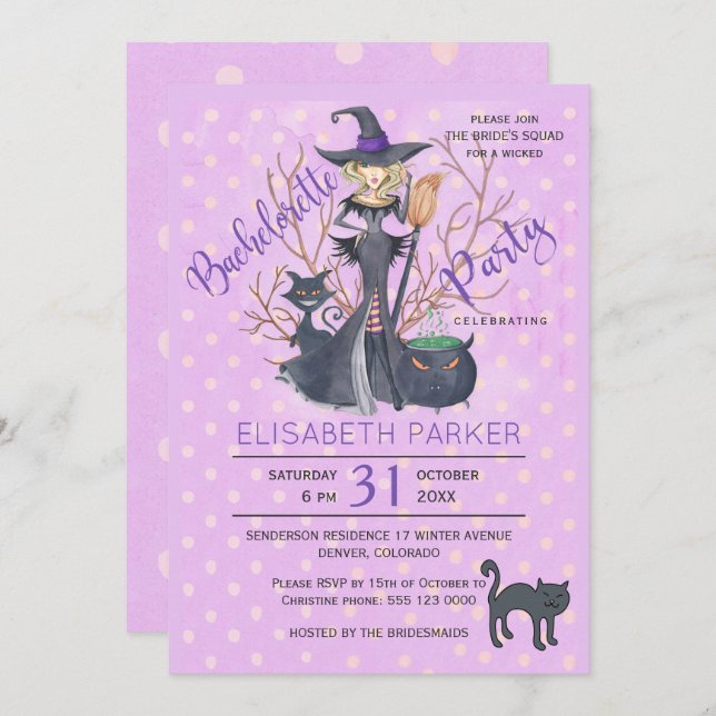 Invitación Halloween bruja gatos negros fiesta de soltera (Anverso / Reverso)