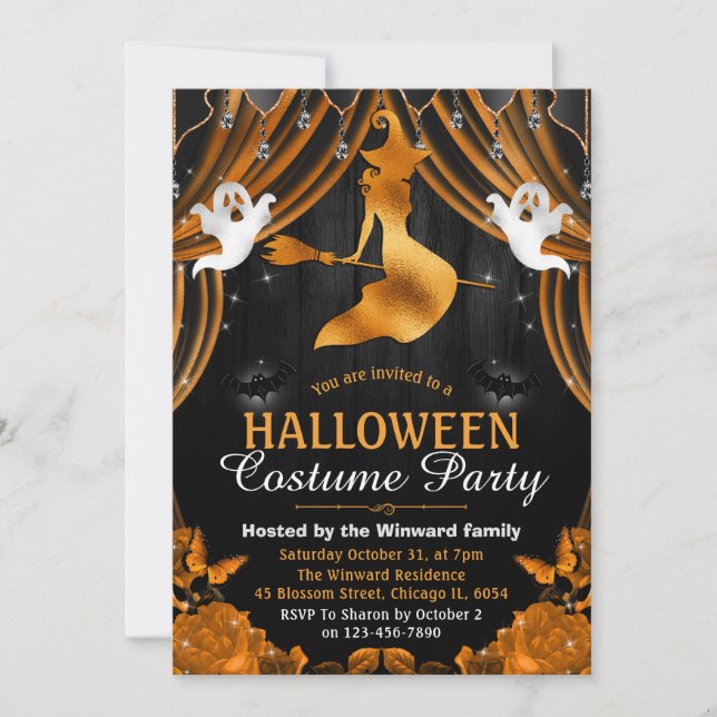 Invitación Halloween: Brujas negras y Naranjas y cortinas más (Anverso)