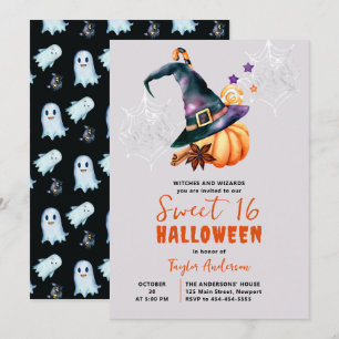 Invitación Halloween Calabaza Brujas Fantasmas dulces 16