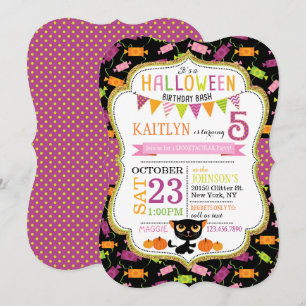 Invitación Halloween Candy Black Cat Pumpkins Cumpleaños