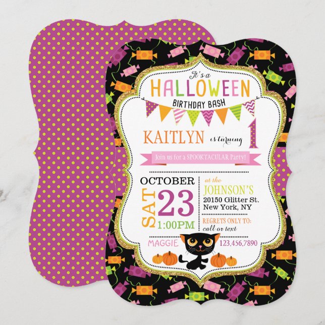 Invitación Halloween Candy Black Cat Pumpkins Cumpleaños (Anverso / Reverso)
