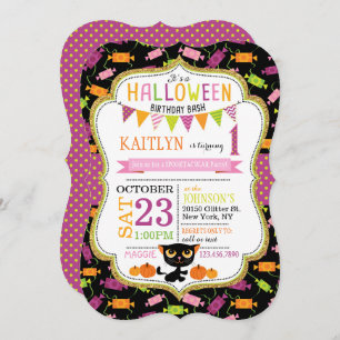 Invitación Halloween Candy Black Cat Pumpkins Cumpleaños