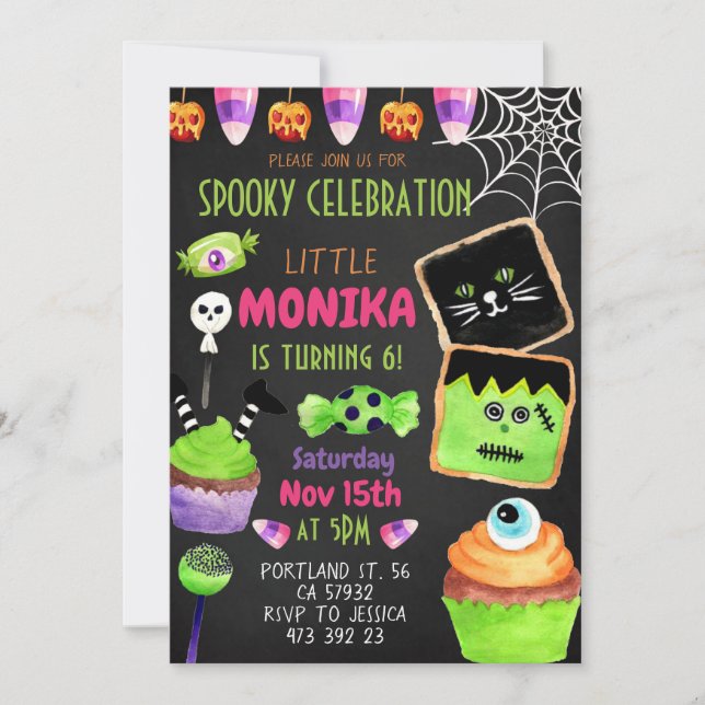 Invitación Halloween Candy Cookies Spooktacular Niños Cumplea (Anverso)