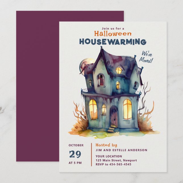 Invitación Halloween Casa Calentadora Hogar Húmedo acuarela (Anverso / Reverso)