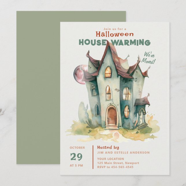Invitación Halloween Casa Calentando Nuevo Hogar Arte De Moon (Anverso / Reverso)