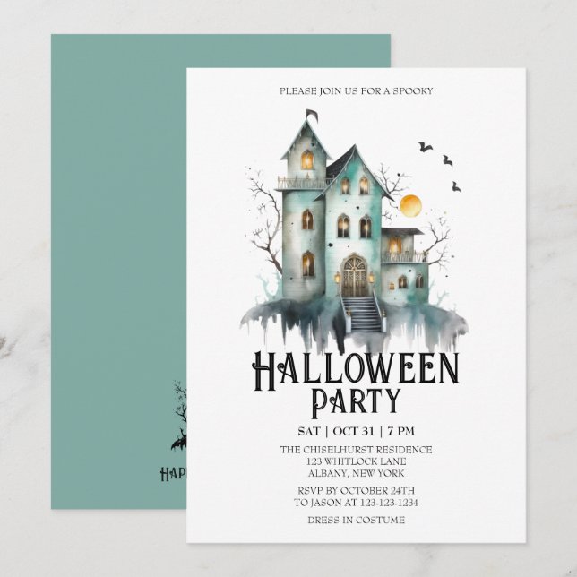 Invitación Halloween, casa embrujada, fiesta de la menta de l (Anverso / Reverso)