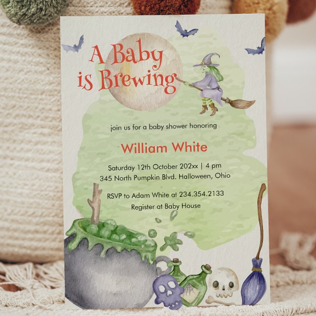 Invitación Halloween Cauldron Baby está preparando ducha (Halloween Cauldron Baby is Brewing Shower Invitation)
