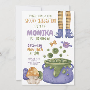 Invitación Halloween Cauldron Purple Witch Cumpleaños