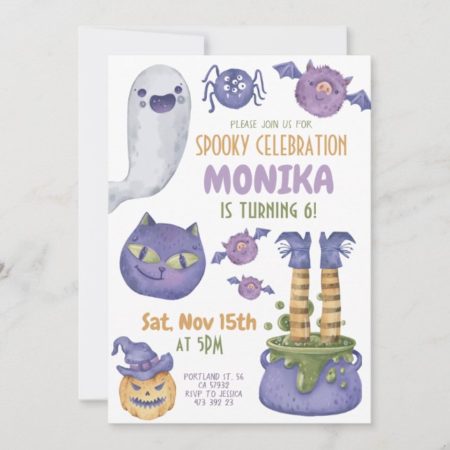Invitación Halloween Cauldron Spooky Witch Purple Birday (Anverso)
