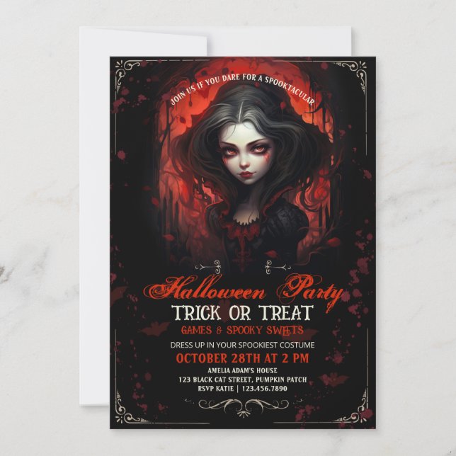 Invitación Halloween, chica de vampiros de gótico (Anverso)