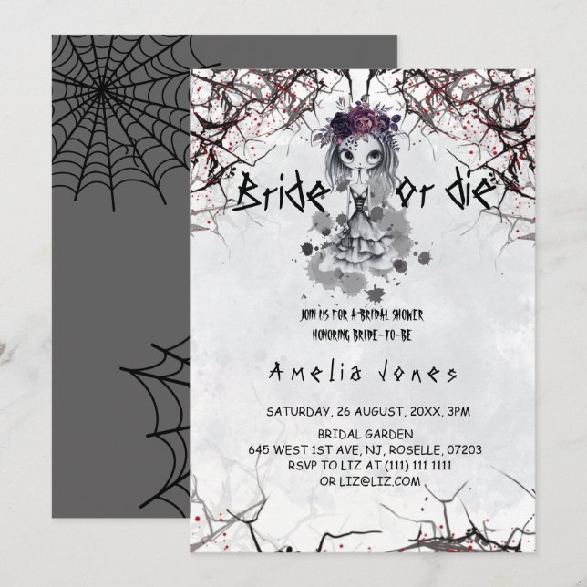 Invitación Halloween Chica floral gótica  ducha de novia (Anverso / Reverso)