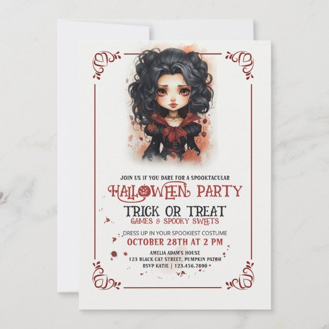Invitación Halloween, chica gótico de vampiros (Anverso)