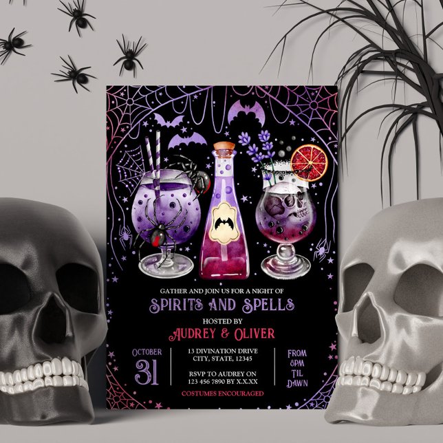 Invitación Halloween Cocktail Fiesta Espíritus y ortografía b (Halloween Cocktail Party Spirits and Spells Witch Invitation)