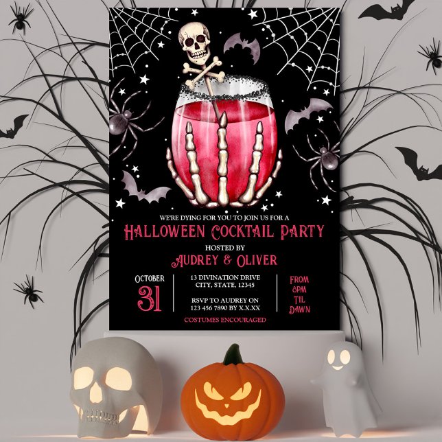 Invitación Halloween Cocktail Fiesta Skulls y Spiderwebs (Halloween Cocktail Party Skulls and Spiderwebs Invitation)