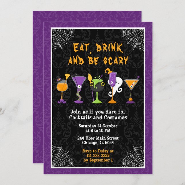 Invitación Halloween Cocktails and Costumes Party Purple (Anverso / Reverso)