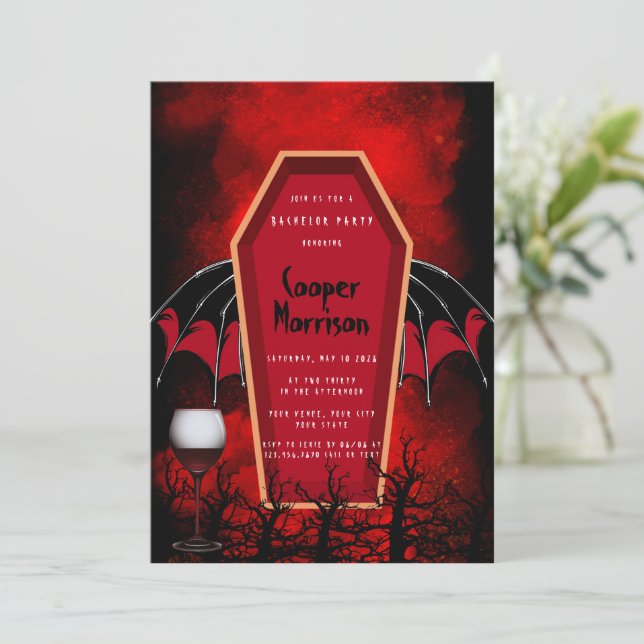 Invitación Halloween Coffin y Bat Wings BachelParty (Anverso de pie)