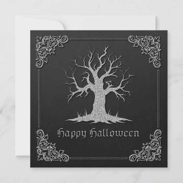 Invitación Halloween con árbol plateado (Anverso)
