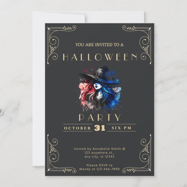 Invitación Halloween con arco iris negro y dorado en Chalkboa (Anverso)