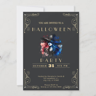 Invitación Halloween con arco iris negro y dorado en Chalkboa