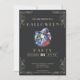 Invitación Halloween con arco iris negro y dorado en Chalkboa