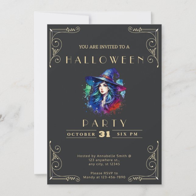 Invitación Halloween con arco iris negro y dorado en Chalkboa (Anverso)