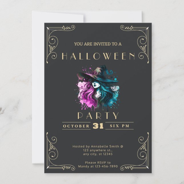 Invitación Halloween con arco iris negro y dorado en Chalkboa (Anverso)