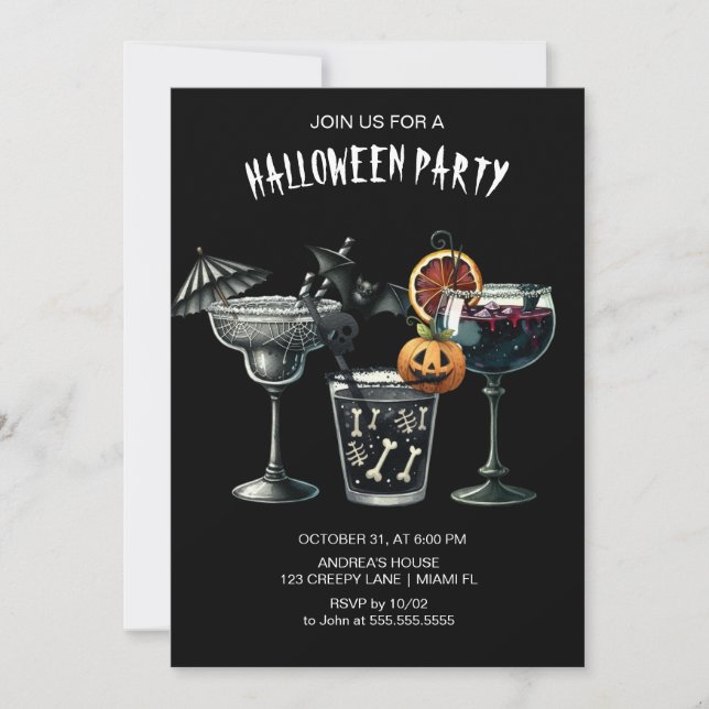 Invitación Halloween con cócteles góticos negros (Anverso)