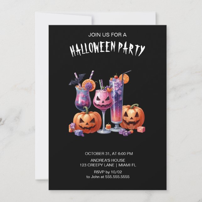 Invitación Halloween con cócteles góticos negros (Anverso)