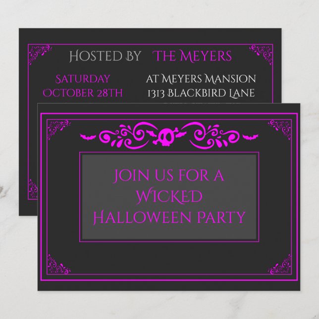 Invitación Halloween con cráneo rosado (Anverso / Reverso)