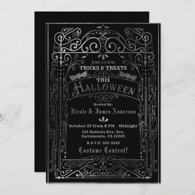Invitación Halloween con decoración victoriana de color negro (Anverso / Reverso)