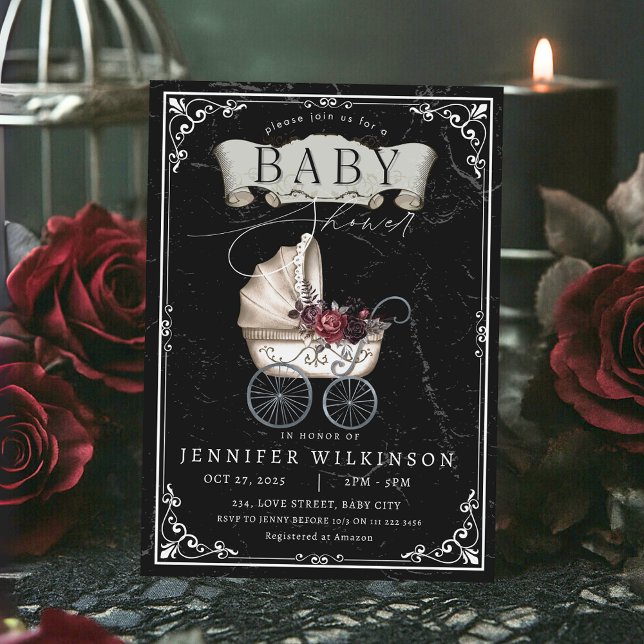 Invitación Halloween con el Stroller Gótico Baby Shower Vinta (Gothic Baby Shower Vintage Stroller Halloween Invitation)