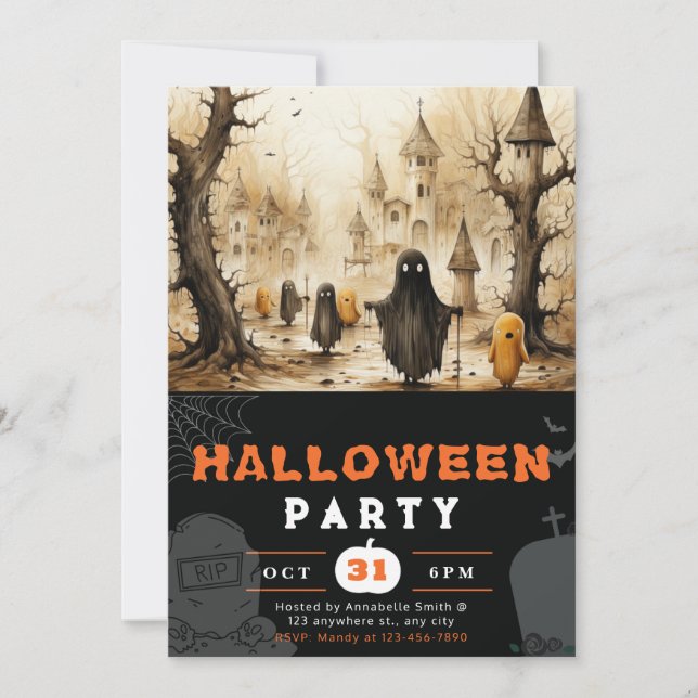 Invitación Halloween con fantasmas de oro y fantasmas negros (Anverso)
