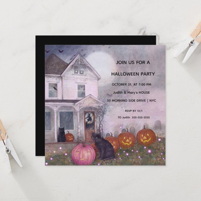 Invitación Halloween con gato negro de la casa rosada (Anverso/Reverso In Situ)